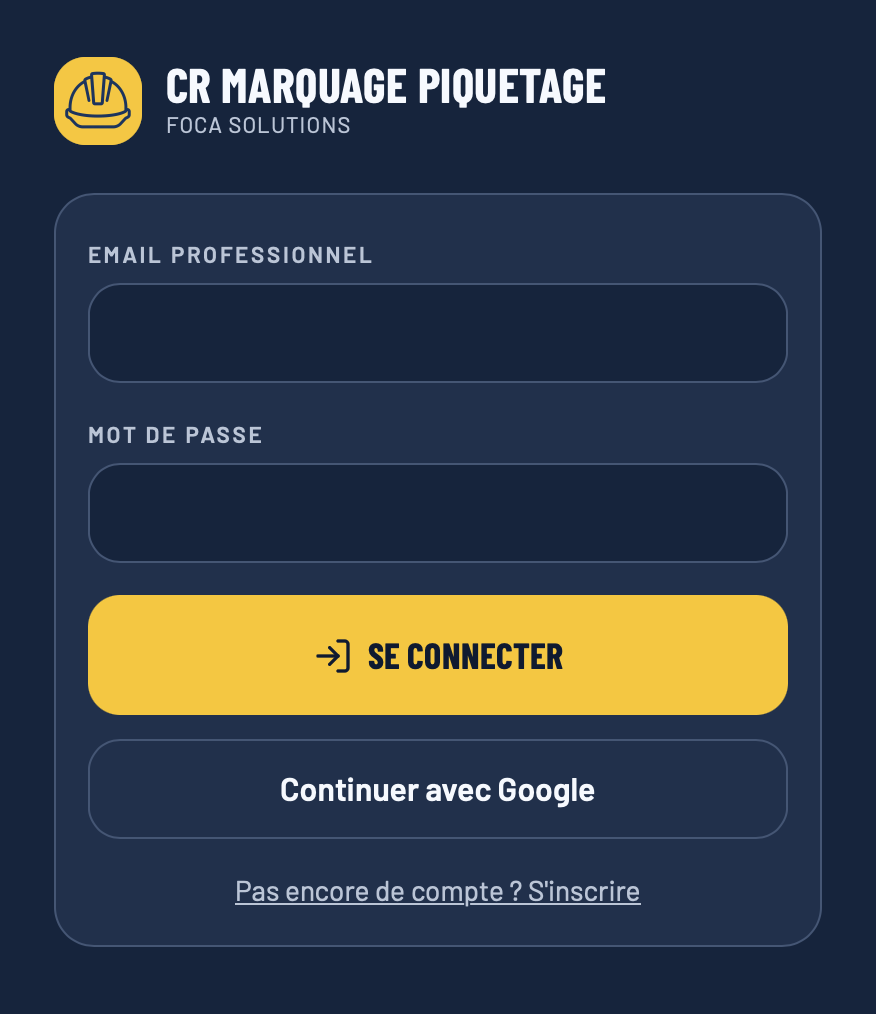 Écran de connexion de l'application avec email professionnel et mot de passe