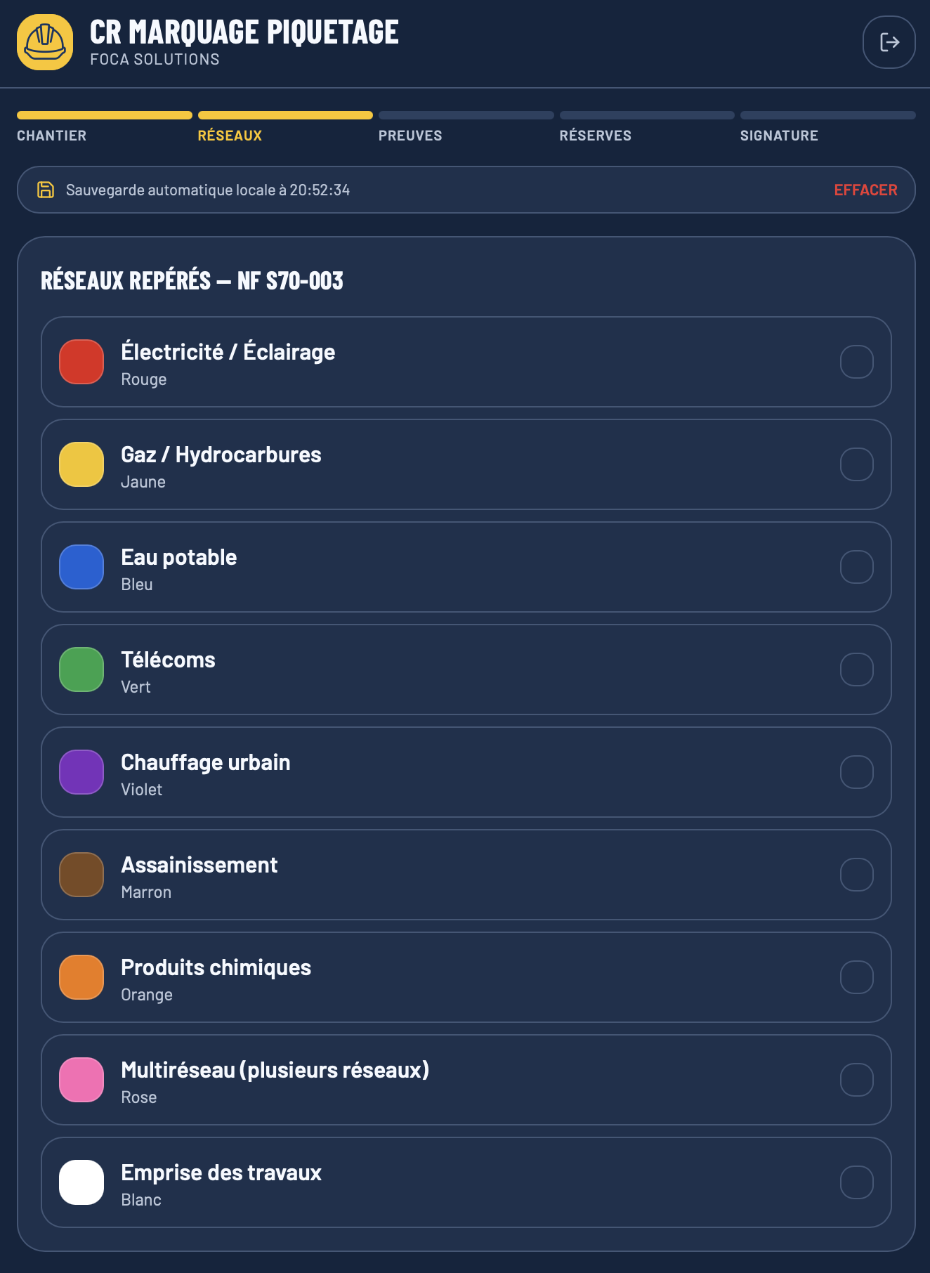 Liste des réseaux repérés avec leurs couleurs normalisées NF S70-003