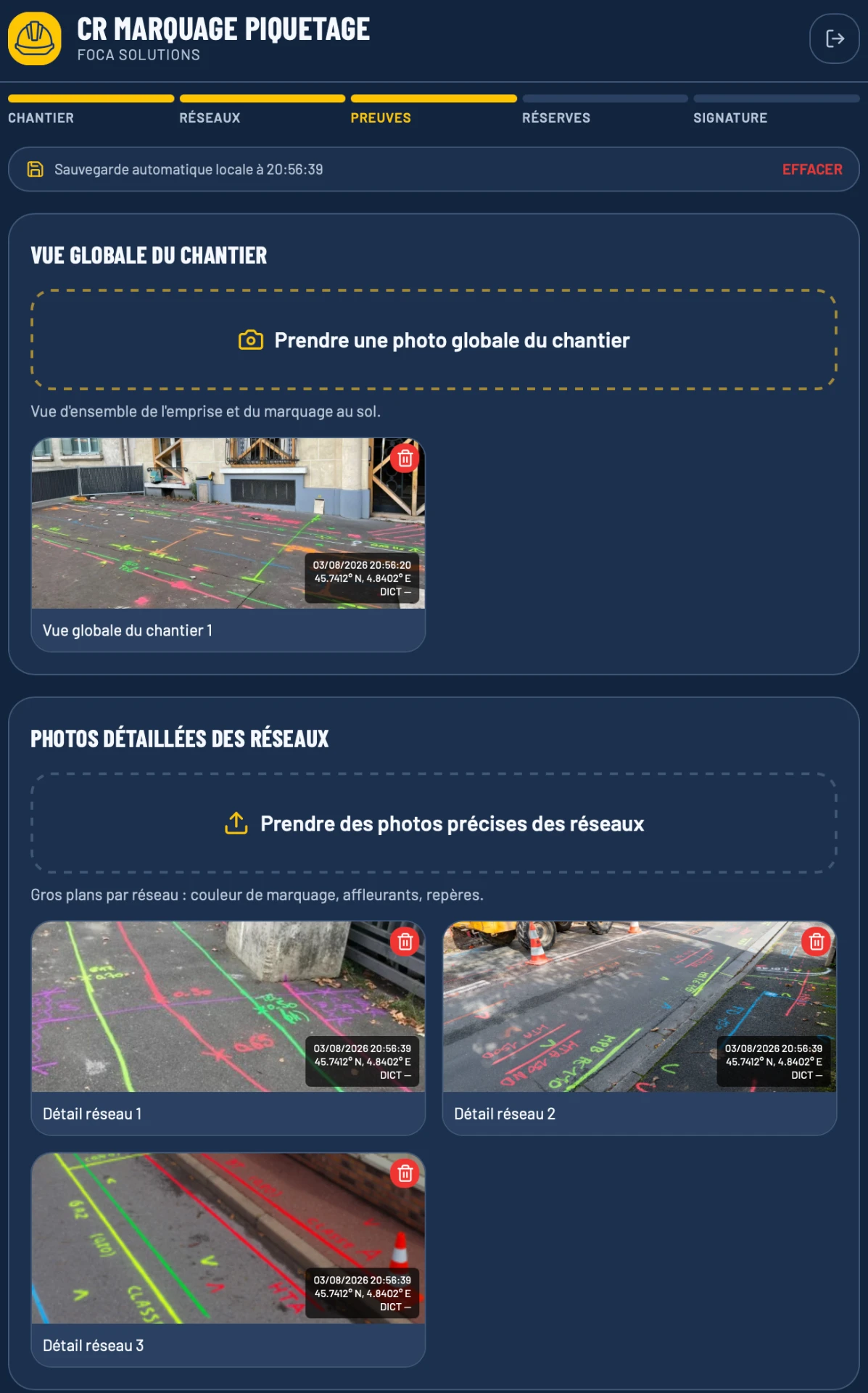 Photos de marquage au sol horodatées et géolocalisées dans l'application