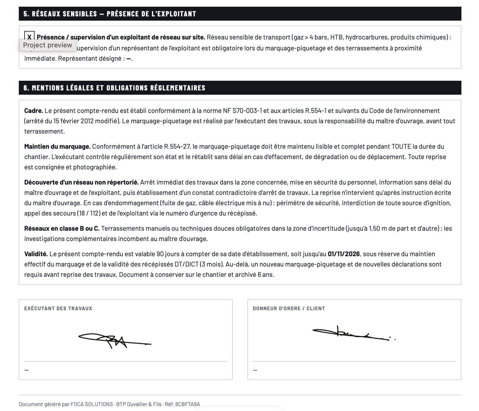 Deuxième page du compte-rendu avec mentions légales et signatures