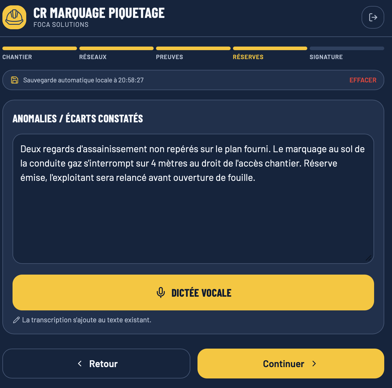 Écran des anomalies et réserves avec bouton de dictée vocale